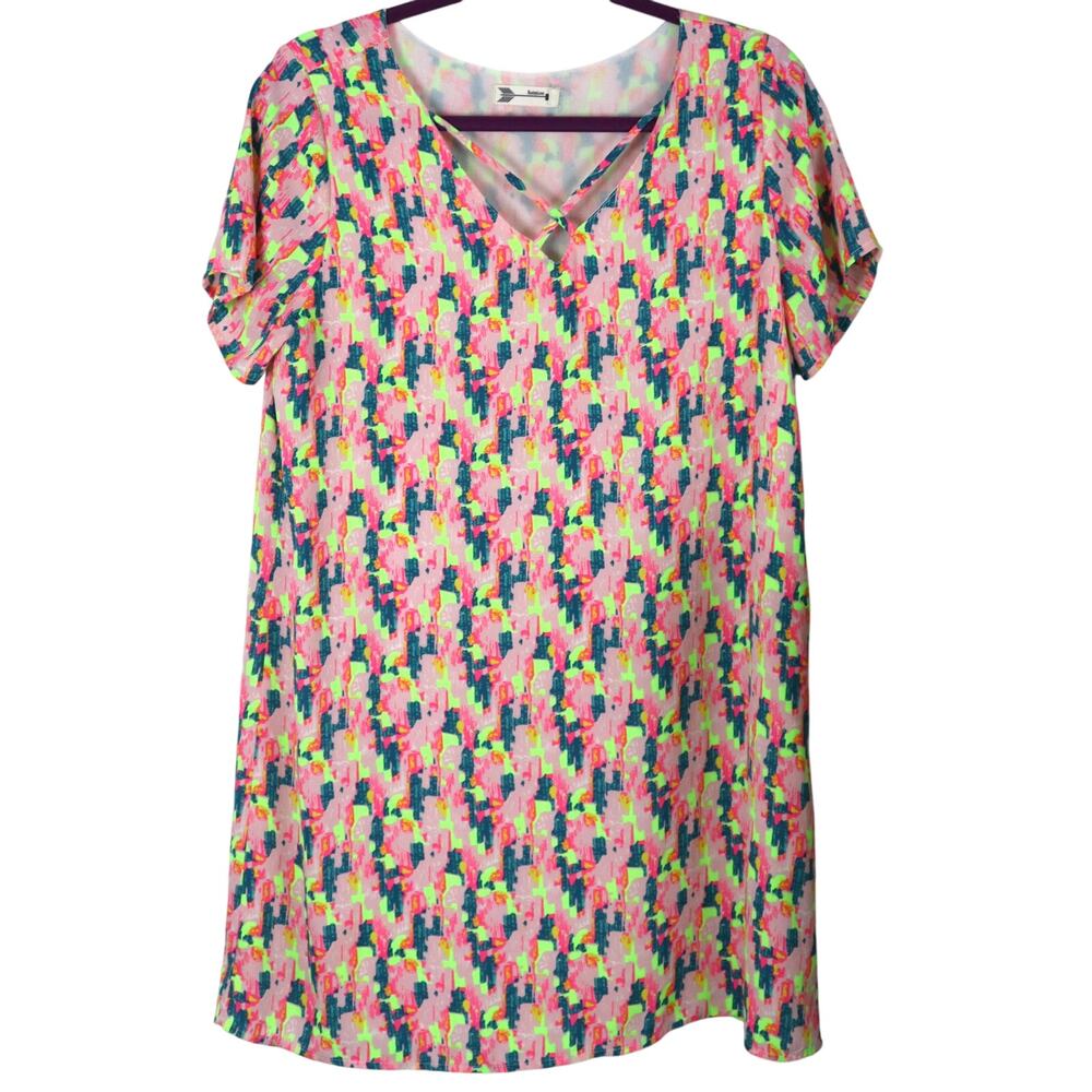 Buddy Love Neon Shift Dress Pink Blue Green Short Sleeve Mini Womens Medium